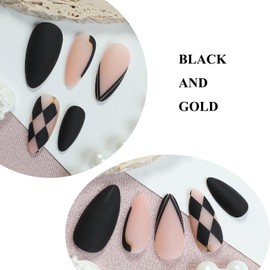 MERVF Almond Press on Nails Medium Black French Tip Fake Nail Checkered Design Glue ons Gold Acrylic Stiletto Manicure Matte 24pcs