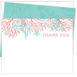 Koko Paper Co Beach Coral Reef and Sea Shell Thank You Cards | 25 Flat Note Cards and Envelopes | Printed on Heavy Card Stock.