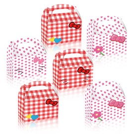 XDHSS 12 Pack Pink and Red Gingham Gift Boxes, Decorative Treat Containers With Bows, For Cute Cat Themed Party Decoration Tote Gift Box