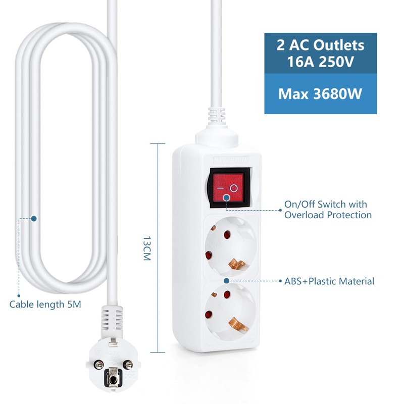 Aigostar Power Strip 2-Way with Switch Table Socket Child Lock