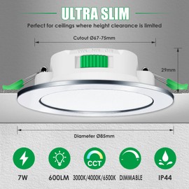 ALUSSO LED Recessed Spotlight 230 V Dimmable 68 mm 7 W Ultra Flat IP44 LED Spotlights Warm White Neutral White Cool White Ceiling Spotlight for Bathroom Kitchen Living Room Chrome Set of 6
