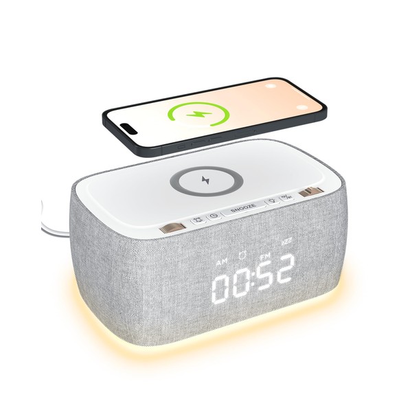 EZVALO Alarm Clock with Wireless Charging,Multifunctional Alarm Clock with Bluetooth Speaker,Dimmable LED Display with 9V&2A Fast Charging Port,Clock Radios for Bedroom,Aesthetic Bedside Alarm Clock