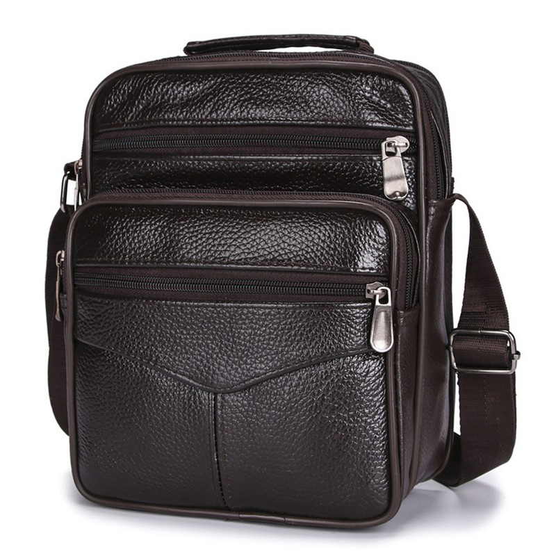 Business Shoulder Bag Black Cowhide Metal Zippers Large Capacity Business