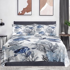 WeCozy Full Size 4 Pcs Bed Fitted Sheet Set with 14" Deep Pocket, Blue Animal Turtle Flat Sheet Set for Kids and Adults, Ocean Sea Coral Bedding with 2 Pillowcases