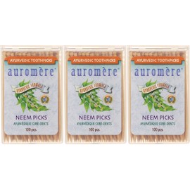 Auromere Ayurvedic Neem Toothpicks - Vegan, Natural, Non GMO, Made from Birchwood (100 Count), 3 Pack