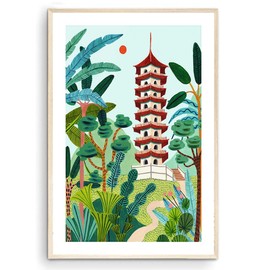 Singapore Travel Print, Chinese Garden, Pagoda, Singapore Wall Art, Botanical Illustration, Home Decor, Tropical, Nursery Wall Art, Wedding Gift, Housewarming Gift, Home Decor (Unframed) (16x24 in)