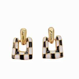 Gold Checkered Earrings for Women Black and White Checkered Dangle Earrings Geometric Square U-shaped Checkered Earrings Stylish Elegant Jewelry for Women (A Style)