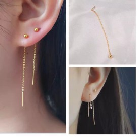 Unbranded Minimalism Gold Threader Tassel Earrings Stainless Steel Tiny Ball 2" Chain PE9