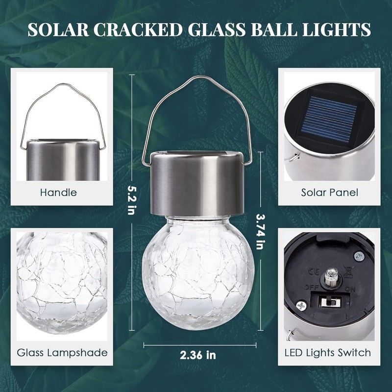 SOLPEX Hanging Solar Lights Outdoor, 8 Pack Decorative Cracked Glass