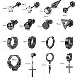 Dochais 16 Pairs Black Earrings, Gothic Earrings,Y2K Punk Earrings,Cross Dangle Hoop Earrings Stud Set, Stainless Steel Hypoallergenic Earring For Men Women Unisex