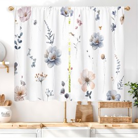 Famiffty Watercolor Boho Floral Kitchen Curtain 27.5W X 39L Inch 2 Panel Rod Pocket Blue Beige Flower Spring Minimalist Leaf Cute Plant Modern Small Short Cafe Tier Window Drape Bathroom Decor
