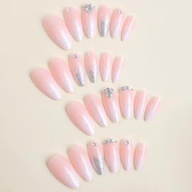 Press on Nails Long Almond Nails Milk White Gradient False Nails Silver Glitter Powder Rhinestones Design Fake Nails Artificial Acrylic Nails Full Cover Reusable Coffin Nails Glue on Nails for Women