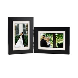 SaZiCat Double Hinged 4X6 Picture Frame with Real Glass-Tabletop or Wall Mounted, Display for 3X5 & 4X6 Photos (with/without Mat)-Classic Black, For Family Photos & Wedding Memories-H4664