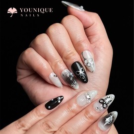 Buy 10 Get 10 Free! [Machine-Made] 24pcs Press-On Nails with Rhinestones & Flowers – French Style Glue-On Nails for Women & Girls Full Cover Shiny Glitter Long Lasting Quality:_M-AL-BK-002