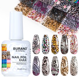 BURANO Nail Art Nail Foil Glue Gel, o.5 oz with 10PCS Foil Stickers Set Nail Foil Glue for Nails Foil Transfer Gel, Nail Design DIY UV LED Lamp Required (Leopard Foil 08)