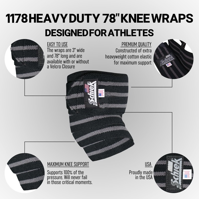 Schiek Sports Blackout Cotton Elastic Hook & Loop Knee Wraps