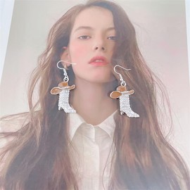 Cute Rhinestones Western Boots Cowgirl Cowboy Dangle Drop Earrings for Women Dainty Boho Enamel Hat Boot Hypoallergenic Lightweight Dangling Fashion Y2K Jewelry Party Holiday Christmas Gift (Brown)