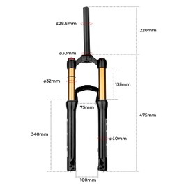 BOLANY 20/24inch Bike Suspension Air Fork 28.6mm(1-1/8inch)*220mm Thread-Less Straight Steerer 9mm Disc Brake Version MTB Front Fork 100/135mm Travel