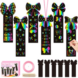 CY2SIDE Coquette Bow Scratch Bookmarks - 60PCS Pink Bow Knot Scratch Paper Card, DIY Magic Rainbow Color Paper Card Ornament, Coquette Knot Rainbow Bookmark for Birthday Party Supplies