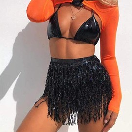 WULIQIUQIU Women's Belly Dance Hip Scarf Sequined Fringe Dance Skirt Rave Music Festival Costumes for Girls Purple