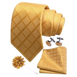 Gusleson Mens Gold Tie Plaid Checkered Wedding Solid Silk Necktie Pocket Square Cufflinks and Lapel Pin Brooch Set (UK6104-10)