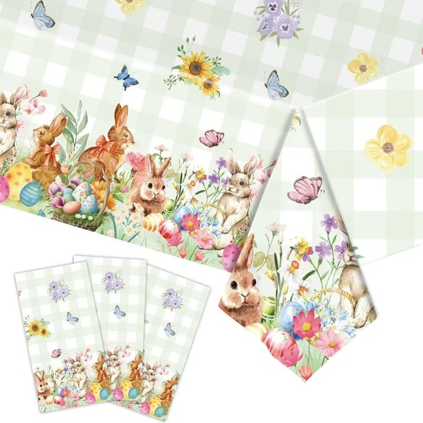 3pcs Easter Tablecloth Disposable with Bunny Meadow, Green Gingham Bunny