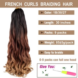 COOKOO 30 Inch 9 Packs French Curl Braiding Hair Ombre Brown to Blonde Pre Stretched Bouncy Braiding Hair French Curl Crochet Braids Hair French Curls Synthetic Hair Extensions for Women 1B/30/27