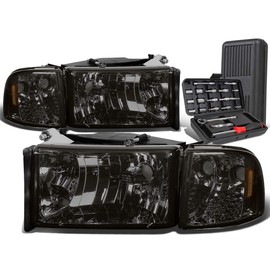 Auto Dynasty Smoked Housing Amber Corner Headlight+Corner Lamps+Tool Kit Compatible with Dodge Ram 1500 2500 3500 94-02