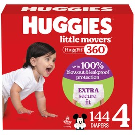 Huggies Size 4 Baby Diapers, Little Movers HuggFit 360° Baby Diapers with 360° Waistband, Size 4 (22-37 lbs), 144 Count, Packaging May Vary