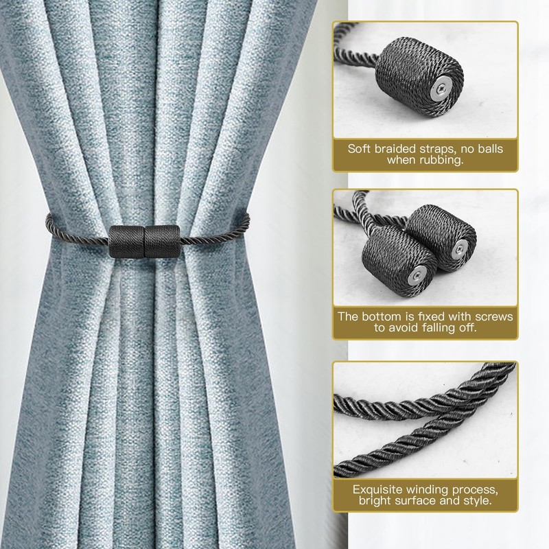 6-Pack Strong Magnetic Curtain Tiebacks with Thicker Twist Rope Decorative