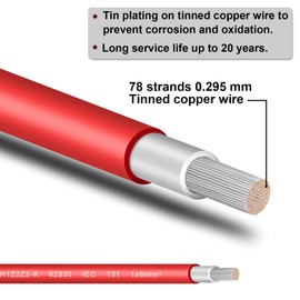 Shirbly 10AWG (6mm²) Tinned Copper PV Extension Cable - Solar Panel Connection Wire for Outdoor RV Marine Automotive Boat (50FT Black + Red Pair)