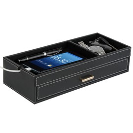 HofferRuffer Valet Jewelry Tray Organizer with Drawer, Faux Leather Storage Catchall Box Phone Charging Station Tray with Dresser Nightstand Desktop Drawer Organizer (Black)