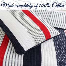 Cozy Line Home Fashions Liberty Patriotic Stripes Red Blue White Striped Patchwork Reversible Twin 2-Piece Cotton Quilt Bedding Set