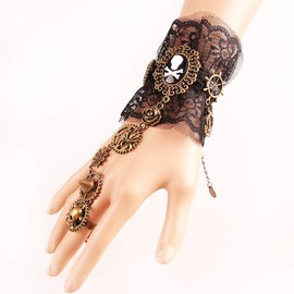 Daimay Bronzing Fingerless Gloves Gothic Floral Lace Steampunk Wristband Ring Vintage Beaded Gloves Bridal Bracelet Ring Set - 1 Pair – Pirate Style