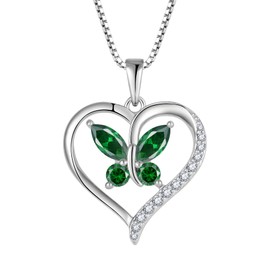 FJ Heart Butterfly Necklace 925 Sterling Silver Emerald Necklace May Birthstone Pendant Butterfly Jewelry for Women