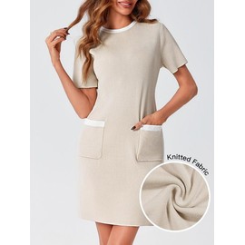 Wenrine Womens Work Dress Elegant Business Casual Short Sleeve Knit Summer Mini Dresses Khaki