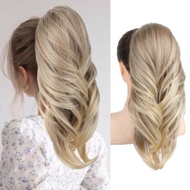 SEIKEA Versatile Drawstring Ponytail Extension, 18" Long Wavy Multi Layered Clip in Ponytail Hair Extensions Stand Up High Fake Pony Tail Soft Natural Synthetic Hairpiece Glazed Mocha to Blonde