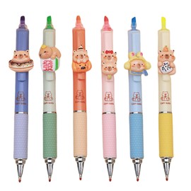MOZXIRZ 6 Pcs Cute Twistable Pens with Highlighters Capybara Gel Pens Cartoon Capybara 2-in-1 Pens 0.5mm Fine Point Black Ink Pens Office School Supplies Women Girls Boys Men Pens (6Pcs Capybara)