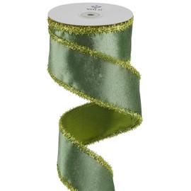 MEEDEE Moss Green Velvet Gold Tinsel Edge Ribbon 2.5 Inch Christmas Tinsel Ribbon Metallic 10 Yards Spool Green Velvet Ribbon for Christmas Tree, Garlands, Wreaths, Bows, Tree Toppers, Crafts