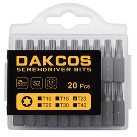 DAKCOS 20-Piece T20 Torx Bit Set, Premium S2 Alloy Steel 1-inch Long Screwdriver Insert Bits Hex Shank with Quick Release Slot