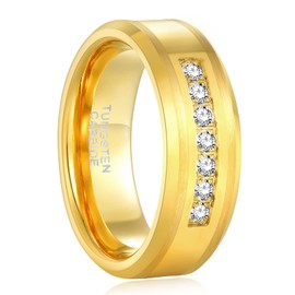 KAMASATO 8mm Mens Tungsten Wedding Band Cubic Zirconia High Polish Engagement Eternity Rings for Men Gold Comfort Fit Size 7