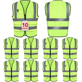XPCARE 10-Pack Hi Vis Reflective Safety Vest with Pockets, Green High Reflective Strips Zipper Work Vest for Men and Women(XX-Large)