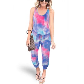 REORIA Women's Summer Casual Sleeveless Tank Top, Elasticated Waist, Loose Fit Jumpsuit / Romper with Pockets, 04-Tie Dye Pink / Blue, X-Large
