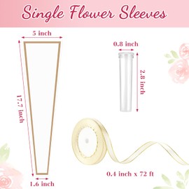 Mauproy 100Pcs Single Rose Sleeves with 100 Pcs Floral Water Tubes and Ribbons, Single Flower Bags Plastic Flower Wrap for Valentine’s Day, Wedding, Birthday, Florist Supplies (White)