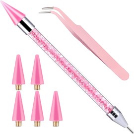 Pink Rhinestone Picker Tool Set & Applicator Pen With Dual-Ended Design, 4 Extra Wax Tips, 1 Tweezer - Nail Art DIY Tool For Rhinestones Application
