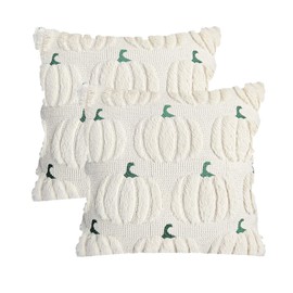 Vfuty Fall Accent Pillow Cover 20x20 Set of 2 Beige Green Stem Pumpkin Autumn Decorative Cushion Cover Soft Plush Faux Fur Couch Pillow Case for Thanksgiving Harvest