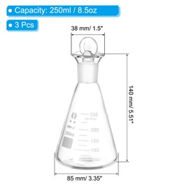 PATIKIL Erlenmeyer Flask, 3 Pcs 250ml 8.5oz Narrow Mouth Graduated Flasks with Glass Stopper Borosilicate Glass Flasks with Printed Graduation for Lab Experiment Chemistry Science