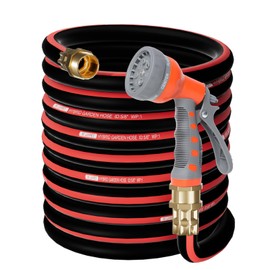 M JJYPET 50FT Heavy Duty Flexible Garden Hose,Outdoor Water Hose 5/8Inch with 7 Pattern Spray Nozzle,No Tangle Rubber Hose Car Washing Pipe with 3/4"100% Solid Brass Fittings