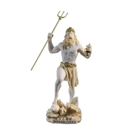 Poseidon Greek God of the Sea With Trident Statue Figurine Gold Alabaster 9.05"