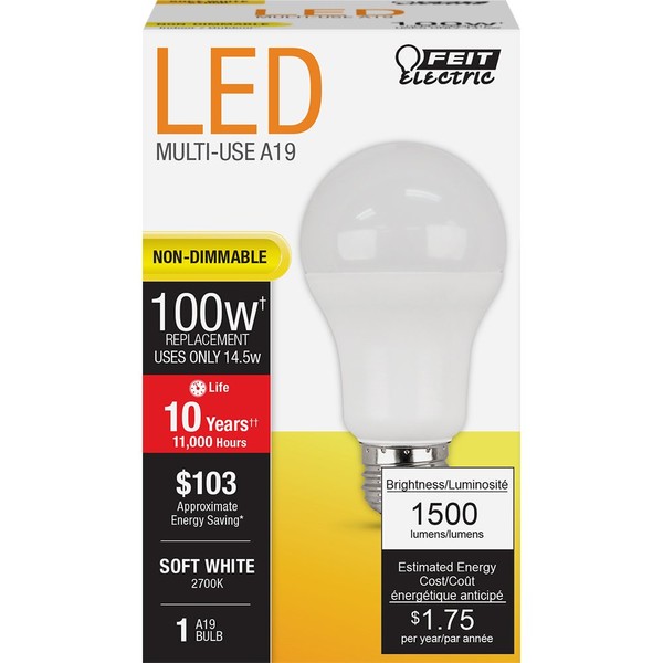 FEIT ELECTRIC A1600/827/10KLED A1600/830/10Kled Non-Dimmable Led Bulb, 13 W, 120 V, A19, Medium Screw E26, 10000 Hr, 5.2"H x 2.7"D, Product Specific
